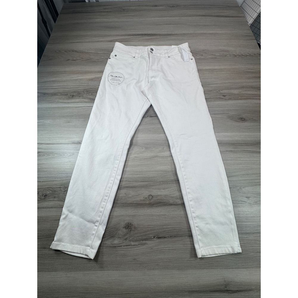 Tahari Charlotte Double Button Skinny Seta‎ Silk Denim Jeans White Size 12/31
